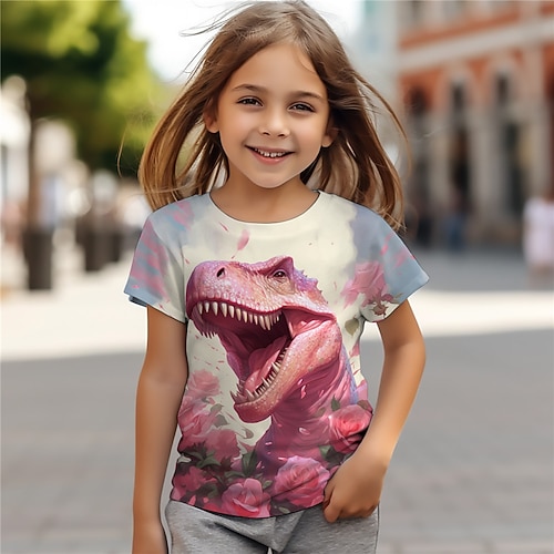 Mädchen 3D Blumen Dinosaurier T-Shirt Hemden Rosa Kurzarm 3D-Druck Sommer Aktiv Modisch Kuschelig Polyester kinderkleidung 3-12 Jahre Rundhalsausschnitt Outdoor Casual Täglich Regular Fit Image