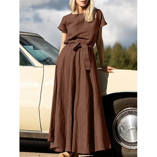 Damen Langes Kleid Maxikleid Kunstbaumwollleinen Kaftan Kleid Freizeitkleid Sommerkleid Streetwear Maxi Basic Urlaub Straße Ferien Lässiger Schnitt Kurzarm Rundhalsausschnitt Khaki Dunkelblau Kaffee Image