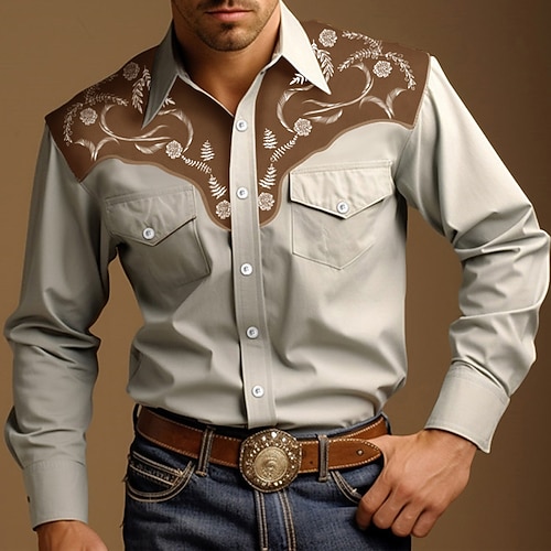 Herren Cowboy Westernhemd Knopfhemd Cowboy-Shirt Langarm Vintage Westernstil Outdoor Straße Alltagstauglich Herbst Winter 3D-Druck Fronttasche Schwarz Blau Braun Kaki Image