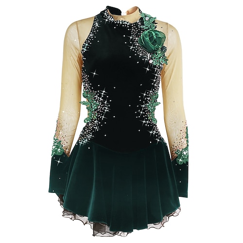 Eiskunstlaufkleid Damen Mädchen Eislaufen Kleider Schwarz Weiß Dunkellila Rückenfrei Gitter Spandex velvet Hochelastisch Wettbewerb Eiskunstlaufkleidung warm Mit Steinen verziert Strass Langarm Image