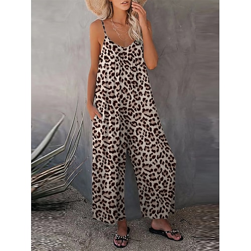 Damen-Overall, einfarbig, V-Ausschnitt, Urlaub, Alltag, Ausgehen, weites Bein, lockere Passform, Spaghettiträger, Khaki, 3XL, Sommer Image