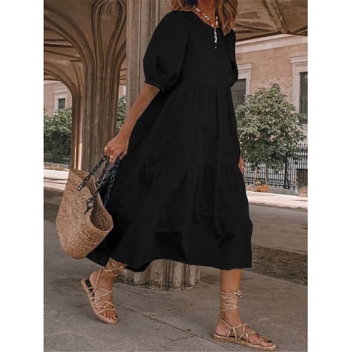 Damen mittellanges Kleid weiß gestuft Bohemian Stil kurze Puffärmel lässig fließend Strand Sommer atmungsaktive Baumwolle Kleidung Bekleidung Image