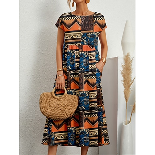 Damen Midikleid Kunstbaumwollleinen Shiftkleid Freizeitkleid Mode Ethno-Stil Lässig Täglich Outdoor Urlaub Lässiger Schnitt Geometrisch Blume Kurzarm Rundhalsausschnitt Schwarz Gelb Sommer Frühling Image