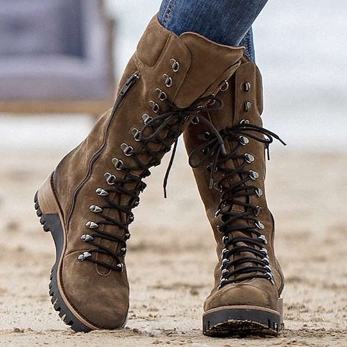 marineblaue Wildleder-Kampfstiefel für Damen mit Schnürung, seitlichem Reißverschluss und robuster Sohle – stylische Stiefel mit hohem Schaft für Winter- und Outdoor-Abenteuer Image