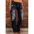 Damen-Mom-Jeans, niedriger Bund, Distressed, gerade, durchgehender Denim, Taschenriss, niedriger Bund, lässig, Lounge, lässig, Alltag, Schwarz, Marineblau, S, M