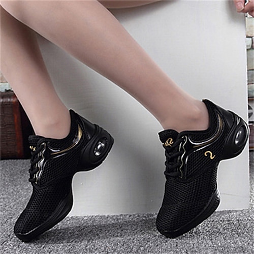 Schwarze Mesh-Tanz-Sneaker für Damen – atmungsaktive, leichte Jazzschuhe mit Luftpolstersohle für Zumba, Hip-Hop und Fitnesstraining Image