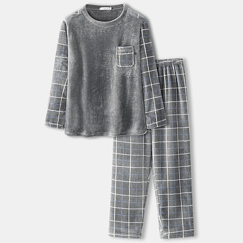 Herren Hausanzug Schlafanzüge Schlafanzug Set Pyjama-Oberteil und Hose 2 Stück Plaid Stilvoll Brautkleider schlicht Komfort Heim Täglich Flanell Komfort Rundhalsausschnitt Langarm Pullover Hose Image