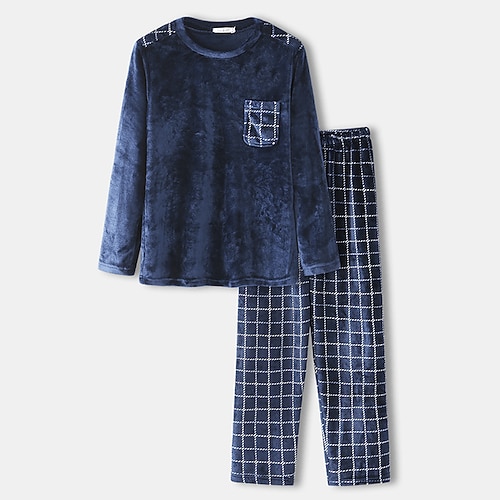 Herren Hausanzug Schlafanzüge Schlafanzug Set Pyjama-Oberteil und Hose 2 Stück Plaid Stilvoll Brautkleider schlicht Komfort Heim Täglich Flanell Komfort Rundhalsausschnitt Langarm Pullover Hose Image
