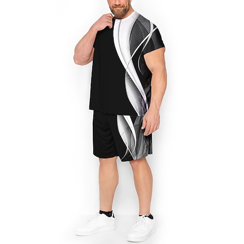 Herren Grafik Farbblock 3D-Druck 2St T-Shirts-Sets Übergröße set Kurzarm Kurze Hosen Rundhalsausschnitt Mode Designer Bequem Outdoor Lässig Täglich Druck Frühling Sommer Weiß Rosa Blau Image