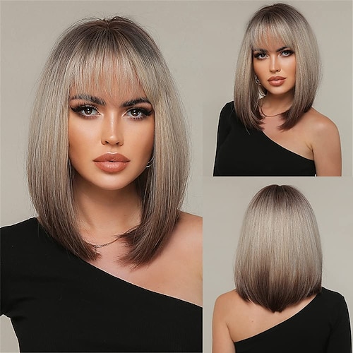 Braune, langwellige Perücken, Perücke für Frauen, gewelltes Haar, Perücke mit blondem Highlight, Perücke für Frauen, tägliche Party-Nutzung, hitzebeständige Halloween-Cosplay-Party-Perücken Image