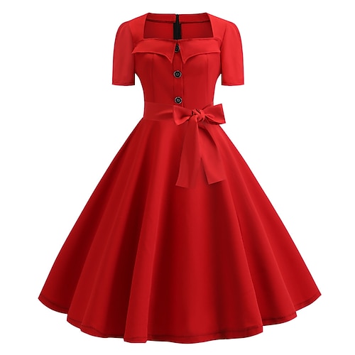 Pünktchen Retro Vintage 1950er Jahre Grease Outfits Midi Kleid Swing Kleid Schlagkleid Pünktchen A-Linien-Schickes Kleid Damen Karneval Maskerade Abschlussball Teeparty Retro Themenparty Damenkleid Image
