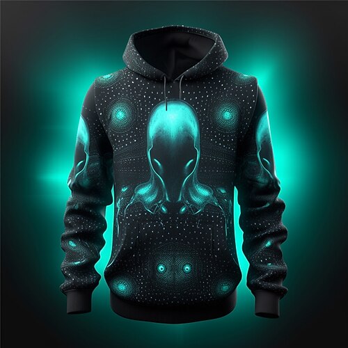 Herren Grafik Außerirdischer Technologie Kapuzensweatshirt Kapuzenshirts Pullover Mode Täglich Basic Lässig Langarm Mit Kapuze Urlaub Sport im Freien Ferien Streetwear Rote Blau Grün Druck Fronttasche Image