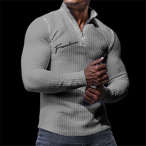 Herren Buchstabe Waffel-Poloshirts Langarm Polo-Shirts Umlegekragen Reißverschluss Geschäftlich Outdoor Alltagstauglich Streetwear 3D Druck Herbst Winter Schwarz Weiß Aprikose Image