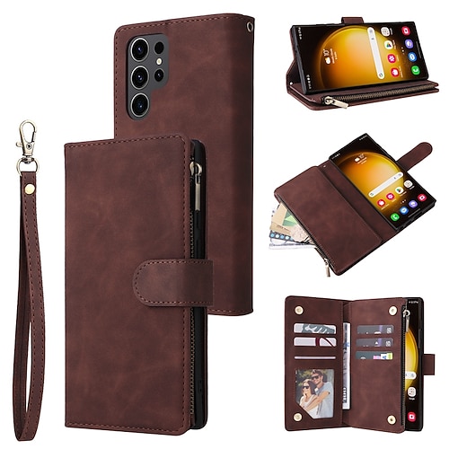 Handy Hülle Handyhüllen Für Samsung Galaxy S25 S24 S23 S23 FE S22 S21 Ultra Plus A14 A34 A54 A24 Brieftaschenhülle Reisverschluss Mit Handgelenkschlaufe Ständer Retro TPU PU-Leder Image
