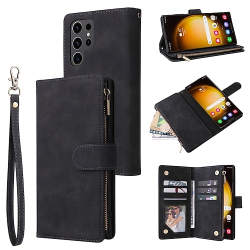 Handy Hülle Handyhüllen Für Samsung Galaxy S26 Ultra Plus S25 S24 S23 S22 S23 FE S21 Ultra Plus S20 A14 A34 Brieftaschenhülle Reisverschluss Mit Handgelenkschlaufe Ständer Retro TPU PU-Leder