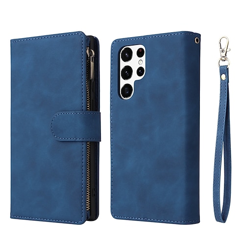 Handy Hülle Handyhüllen Für Samsung Galaxy S26 Ultra Plus S25 S24 S23 S22 S23 FE S21 Ultra Plus S20 A14 A34 Brieftaschenhülle Reisverschluss Mit Handgelenkschlaufe Ständer Retro TPU PU-Leder Image