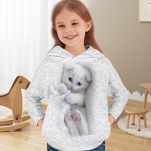 Mädchen 3D Katze Kapuzenshirt Pullover Langarm 3D-Druck Frühling Herbst Aktiv Modisch Kuschelig kinderkleidung 3-12 Jahre 4-12 Jahre Mit Kapuze Outdoor Casual Täglich Regular Fit Image
