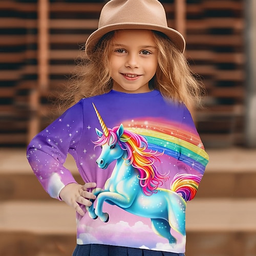 Mädchen 3D Graphic Karikatur Einhorn T-Shirt Langarm 3D-Druck Sommer Herbst Aktiv Modisch Kuschelig kinderkleidung 3-12 Jahre Outdoor Casual Täglich Regular Fit Image