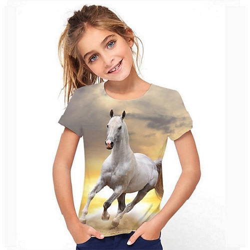Kinder Mädchen T-Shirt Kurzarm Regenbogen 3D-Druck Pferd Schulanfang Täglich Outdoor Aktiv Grundlegend 3-12 Jahre / Sommer Image