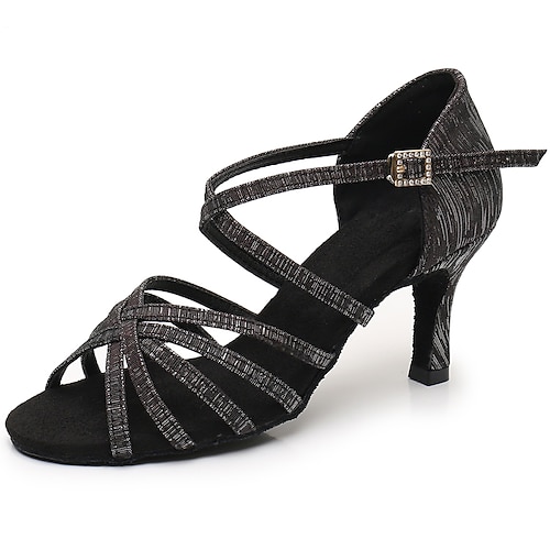 Silberne, glitzernde Latein-Tanzschuhe für Damen, Tanzsandalen mit überkreuzten Riemen und hohem Absatz und Wildledersohle für Latin Salsa Image