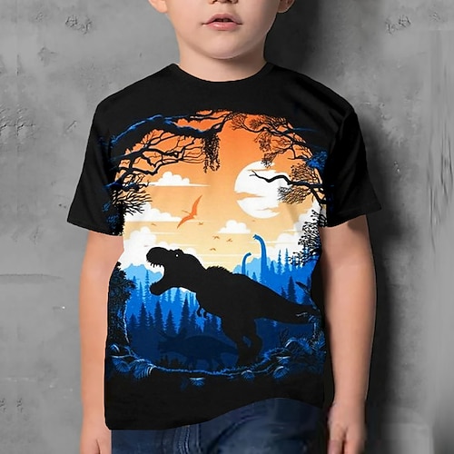 Kinder Jungen T-Shirt Kurzarm Dinosaurier 3D-Druck Grafik Tier Schwarz Kinder Oberteile Sommer Aktiv Cool nette Art Schulanfang Freizeitskleidung 3-12 Jahre Image