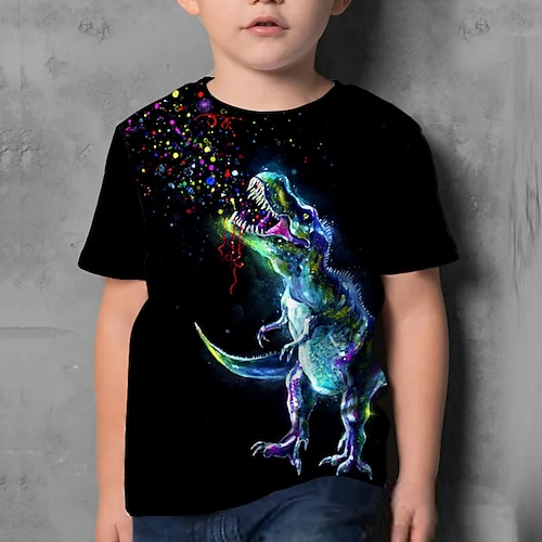 Kinder Jungen T-Shirt Kurzarm Dinosaurier 3D-Druck Grafik Tier Schwarz Kinder Oberteile Sommer Aktiv Cool nette Art Schulanfang Freizeitskleidung 3-12 Jahre Image