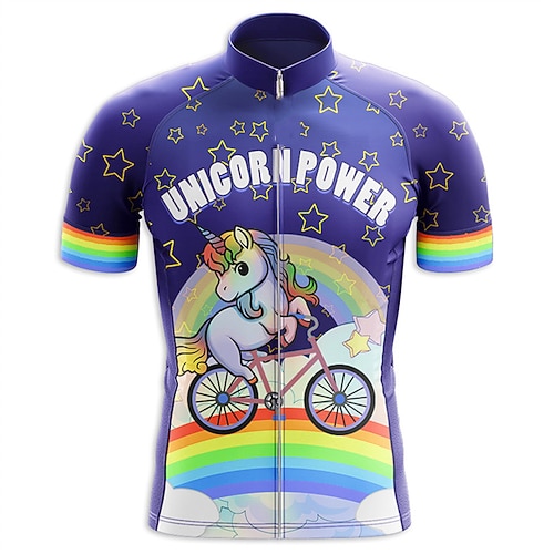 Herren Radtrikot Regenbogen Einhorn Lustig Kurzarm Fahhrad Trikot Oberteil mit 3 Gesäßtaschen Mountainbike MTB Straßenradsport Schnelltrocknend Weich Reflektierende Streifen Rückentasche Sport Image