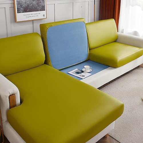 Stretch-Couchkissenbezug aus PU-Leder in Burgunderrot, 100 % wasserdichter Kissenbezug für Stuhlkissen, Möbelschutz, Sitzkissen, Sofabezug mit elastischer Unterseite, waschbar Image