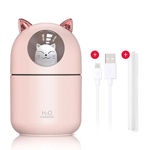 USB-Mini-Duft-Luftbefeuchter mit niedlicher Katze, geeignet für den Haushalt, kühler Nebel mit einstellbarem Nebelmodus, 300-ml-Wassertank, wasserlose automatische Abschaltung, für Schlafzimmer, Image