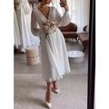 Einfache Hochzeitskleider Kleines weißes Kleid Brautparty-Kleider Hochzeitskleider A-Linie V-Ausschnitt Langarm Tee-Länge Chiffon Brautkleider mit Falten Einfarbig