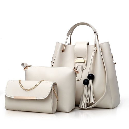 3-teiliges Handtaschen-Set für Damen – rosa Tragetasche aus Kunstleder, Umhängetasche und Clutch mit Kette und Quastendetail für den eleganten und lässigen Gebrauch