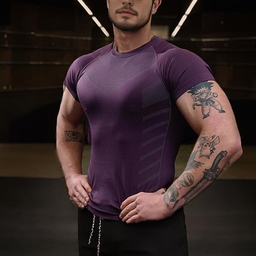 Herren Fitnessshirt Sport-T-Shirt Rundhalsausschnitt Kurzarm Sport Outdoor Fitness Radfahren / Fahrrad Fitnessstudio Weich Schnelltrocknend Einfach Silber Schwarz Sportkleidung Polyester Mode Sport Image