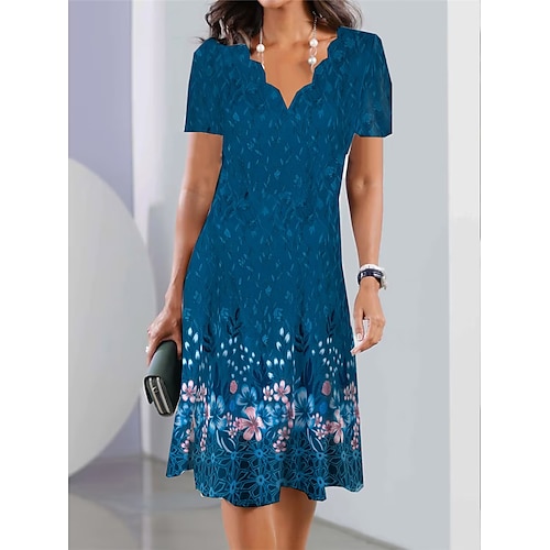 Damen Mini Kleid Petite Kleid Sommerkleid A-Linien Kleid Sommerkleid Mode Streetwear Modern Outdoor Urlaub Alltag Lockerer Sitz Floral Kurze Ärmel Herzform Silber Blau Dunkelgrün Fuchsia Image