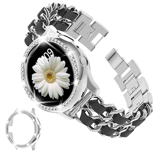 Uhrenarmband für Samsung Galaxy Watch 4 40/44mm Watch Active 2 40/44mm Edelstahlkette mit Ledergürtel Ersatz Gurt Bling-Diamant Luxus Schmuck Armband Armband Image