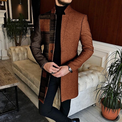 Herren Karomuster Farbblock Marmor Wintermantel Mantel Warm Bequem Atmungsaktiv Mode Streetwear Geschäftlich Arbeit Büro-Outfit Ausgehen Tasche Druck Herbst Winter Umlegekragen Langarm Orange Braun Image
