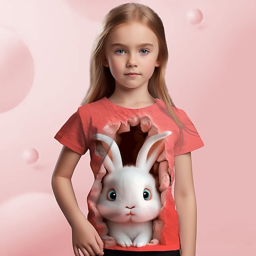 Ostern Mädchen 3D Graphic Karikatur Hase Kaninchen T-Shirt Kurzarm 3D-Druck Sommer Frühling Aktiv Modisch Kuschelig kinderkleidung 3-12 Jahre Outdoor Casual Täglich Regular Fit Image