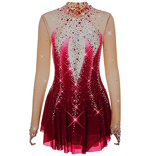 Eiskunstlaufkleid Damen Mädchen Eislaufen Kleider Burgund Königsblau Violett Daumenloch Rückenfrei Spandex Hochelastisch Ausbildung Wettbewerb Eiskunstlaufkleidung Kristalle Langarm Eislaufen Image