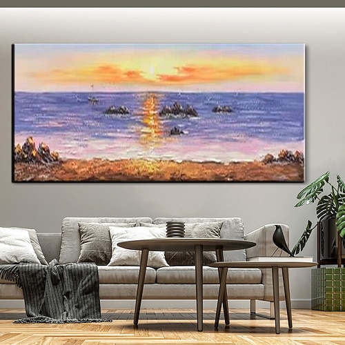reines handgemaltes Sonnenuntergang-Meer-Himmel-Ozean-Strand-Landschaft bunte abstrakte Wandkunst extra großes Panorama-Ölgemälde auf Leinwand Image
