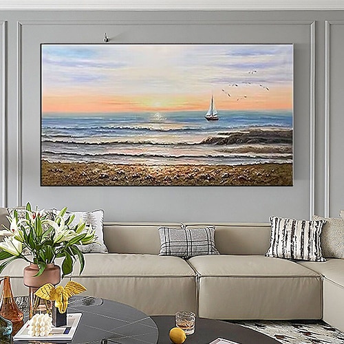 reines handgemaltes Sonnenuntergang-Meer-Himmel-Ozean-Strand-Landschaft bunte abstrakte Wandkunst extra großes Panorama-Ölgemälde auf Leinwand Image