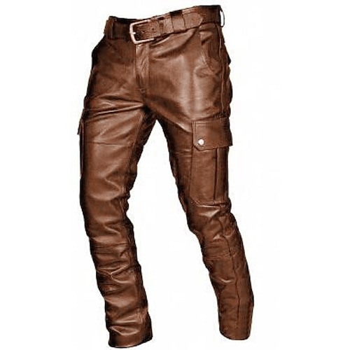 Herren Hose Hosen Lederhose Kunstlederhose Freizeithose Multi Pocket Feste Farbe Nachtclub Strassenmode Modisch Schwarz Rote Image