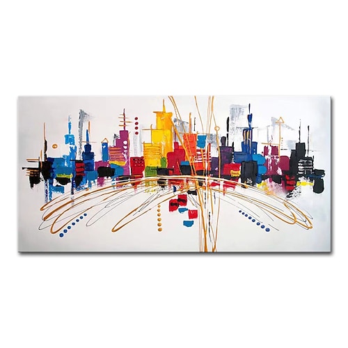 Mintura handgefertigte farbenfrohe Stadtlandschafts-Ölgemälde auf Leinwand, Wandkunst, Dekoration, modernes abstraktes Bild für Wohnkultur, gerolltes, rahmenloses, ungedehntes Gemälde Image