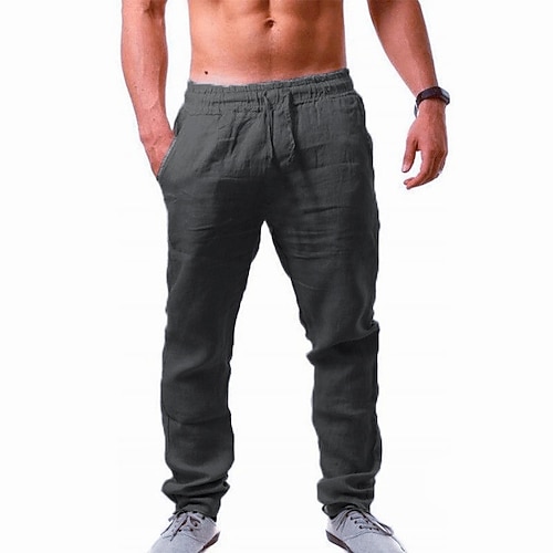 Herren Leinenhosen Hose Sommerhose Strandhose Kordelzug Einfach Komfort Atmungsaktiv Volle Länge Lässig Yoga Wochenende Streetwear Schlank Blau Schwarz Mikroelastisch Image