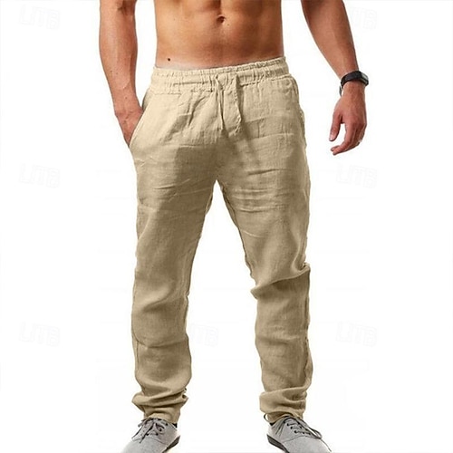 Herren Leinenhosen Hose Sommerhose Strandhose Kordelzug Einfach Komfort Atmungsaktiv Volle Länge Lässig Yoga Wochenende Streetwear Schlank Blau Schwarz Mikroelastisch Image