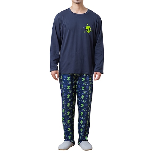 Herren Hausanzug Schlafanzüge Schlafanzug Set Pyjama-Oberteil und Hose 2 Stück Grafik-Drucke Stilvoll Brautkleider schlicht Komfort Heim Täglich Baumwollmischung Komfort Rundhalsausschnitt Langarm T Image