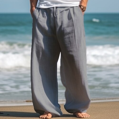 Herren Leinenhosen Hose Sommerhose Kordelzug Tasche Elastischer Bund Einfach Komfort Weich Täglich Outdoor Ausgehen Mode Lässig Schwarz Weiß Image