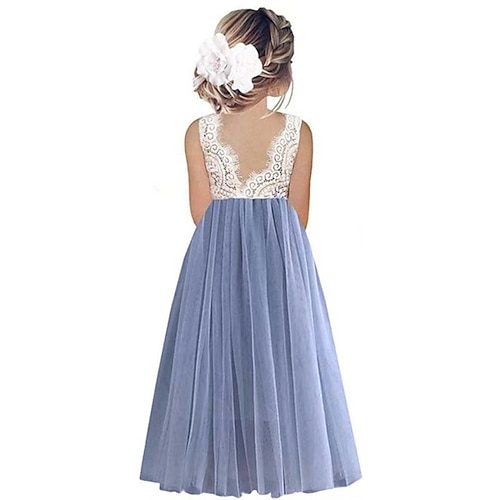 Blumenmädchenkleid Mädchen Party Kleid Leistung Hochzeit Party Prinzessin Süß Gitter Feste Farbe Ärmellos Rundhalsausschnitt Weiß Rosa 2-12 Jahre Image