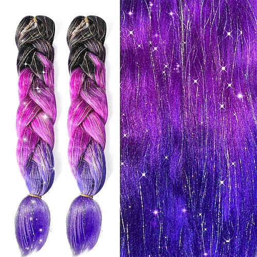 2 Stück Haarverlängerungen für Zöpfe, Ombre-Flechthaar, Lametta-Haarverlängerung, glitzerndes Flechthaar, 24-Zoll-Flechthaar, vorgedehnt, Ombre, 100 g, hitzebeständig, bunt, synthetisches Flechten, 3 Image