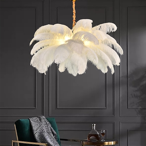 LED Pendelleuchte Kronleuchter Wunderschönes extra großes weißes Straußenfeder Blumenstrauß Pendelleuchte Romantische Deckenleuchte für Restaurant Schlafzimmer (Kostenlose Ersatzbirne erhalten!) Image