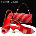 Venus Chan 2024 colore rosso elegante donna tacchi scarpe e borsa Set strass vuoti tacchi alti zeppe