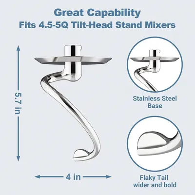 Dishwasher Safe,Spiral Dough Hook for Kitchenaid Stand Mixer, 4.5 Qt - 5 Qt Tilt-Head Attachments for Kitchenaid Dough Hook